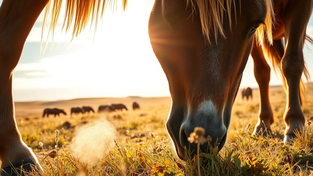 wild horses eat fibrous forage
